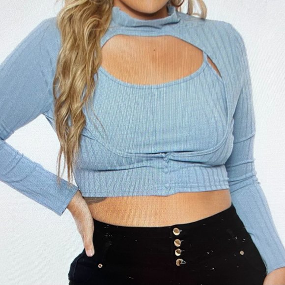 PLUS SIZE CROPPED TOP AND TOPPER SET - LIGHT BLUE - Picture 3 of 4